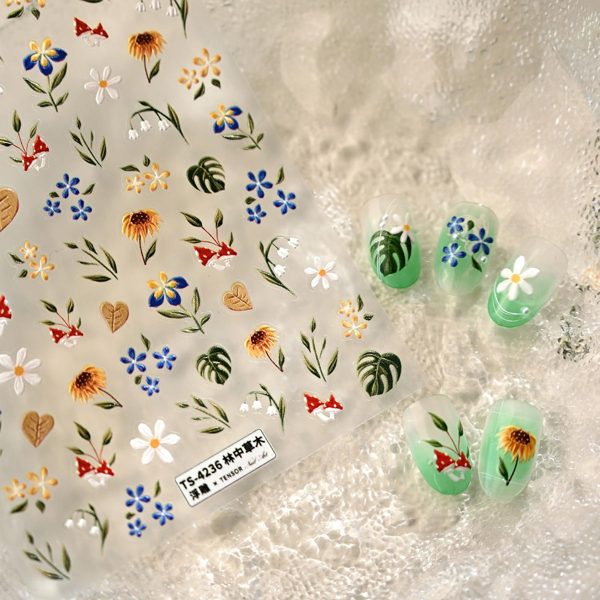 Flower Nail Stickers for Spring Nail Art 5D Embossed Nail Stickers with Green Leaf Daisy Design Nail Art Stickers Decals Manicure Decorations Self-Adhesive for Women Nail Supplies