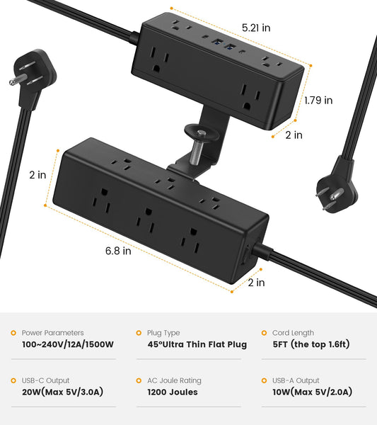 Dual Layer Desk Clamp Power Strip with 4 USB Ports(20W USB-C) & 15 AC Outlets, Desktop Edge Mount Surge Protector, Ultra Thin Flat Plug & 5FT Power Cord for Office Home(ETL Listed)