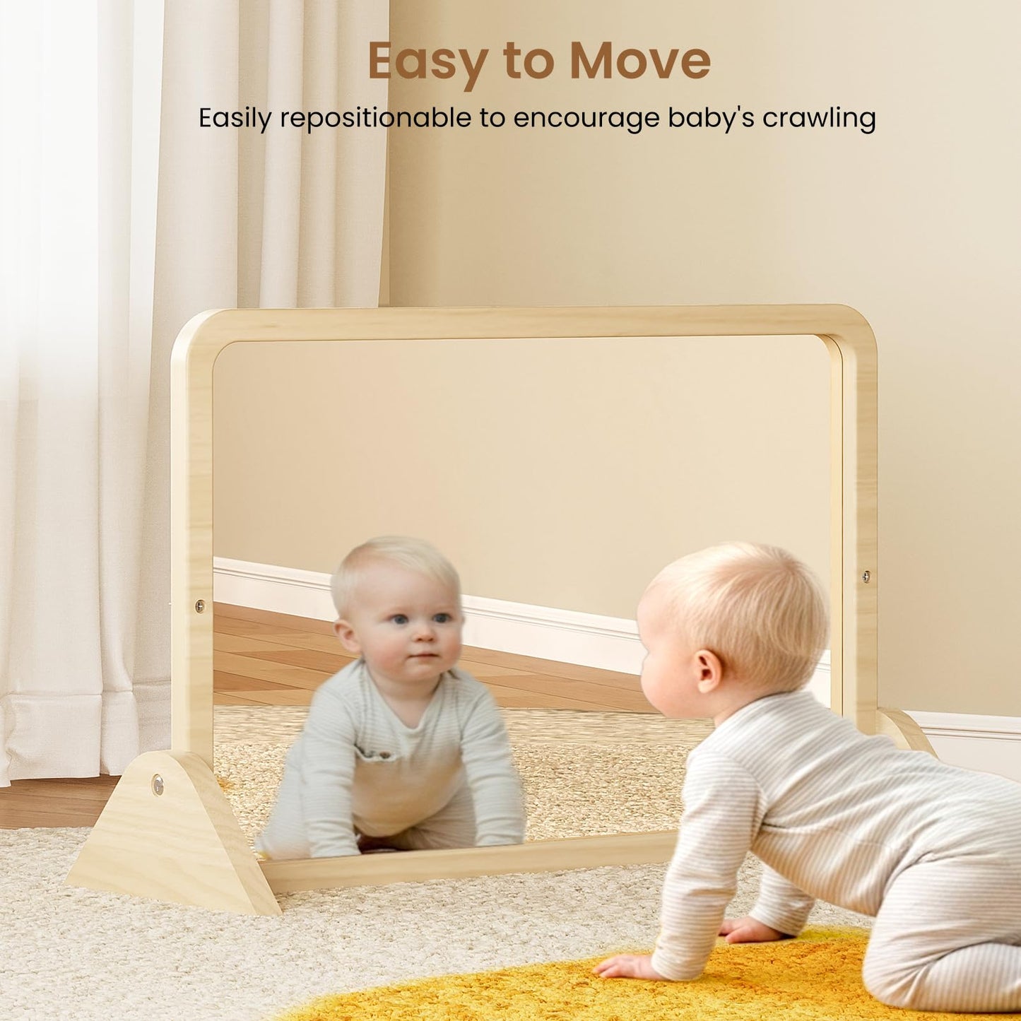 Woodtoe 3-in-1 Montessori Mirror with Bar, Adjustable Toddler Mirror & Pull Up Bar, Montessori Learning Toy for Baby 6-18 Months, Nursery Mirrors, Natural Wood Furniture for Daycare, Kids Classroom