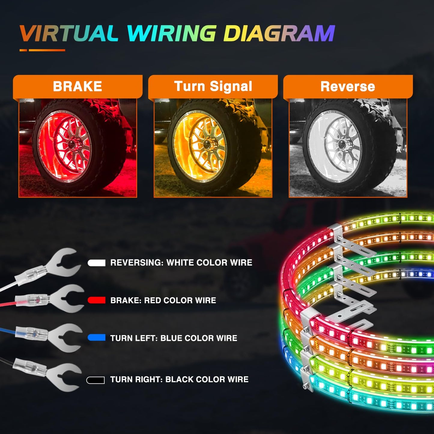 Nilight 4PCS 17.5inch Double Row Wheel Ring Lights Dream Color with APP and Remote Control Neon Lights w/Turn Signal and Braking Function Dual Row for Car Van SUV Truck
