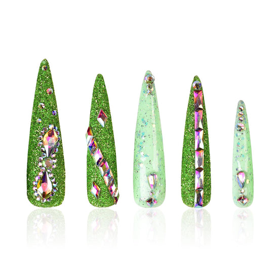 Tmani 10pc/set Extra Long Handmade Press On Nail Hot Girl's Long Ballet Nails Pointed Nail Full of Diamond Glitter Decoration Fake Nails Suitable For Girls Festival Parties and Birthday Gift（206,S)