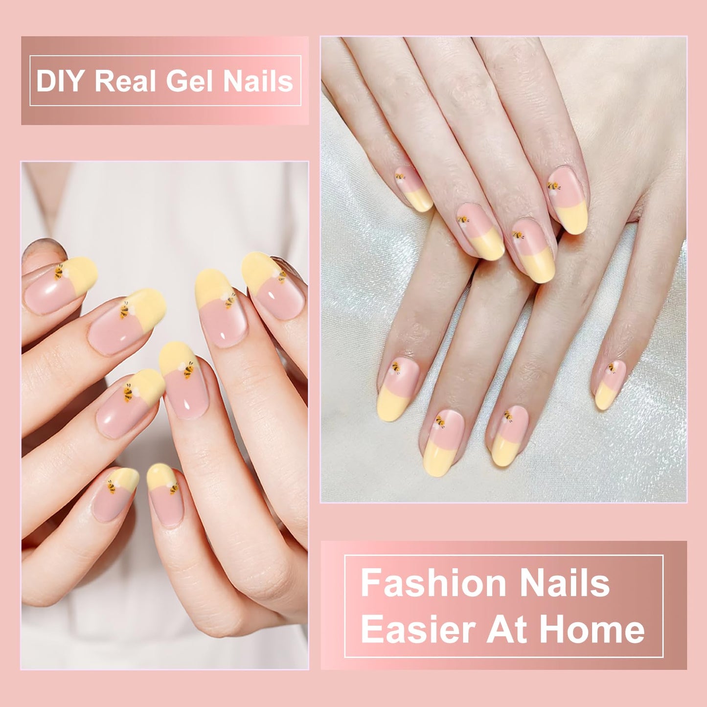 DUKASOU Semi Cured Gel Nail Strips,28 pcs French Gel Nail Stickers with UV Light Required,Long Lasting Nail Art Stickers, Easy to Apply（French Yellow）
