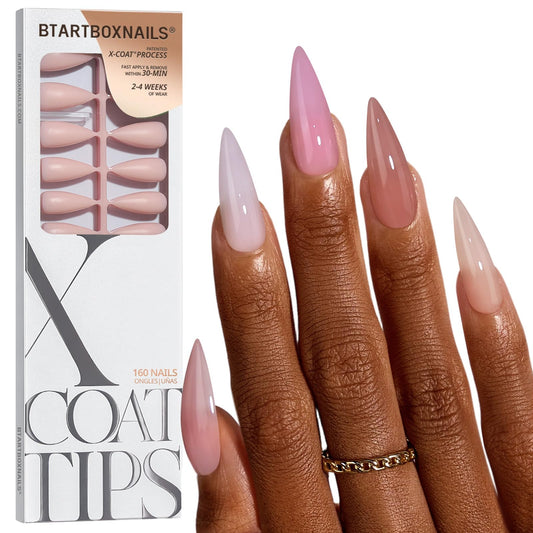 BTArtboxnails XCOATTIPS Bare 5-Shades Nude Press on Nails - 4-Week Wear Long Stiletto Press on Nails, Easy to Apply, Soak Off, Salon Quality Value at Home, 16 Sizes - 160 Fake Nails