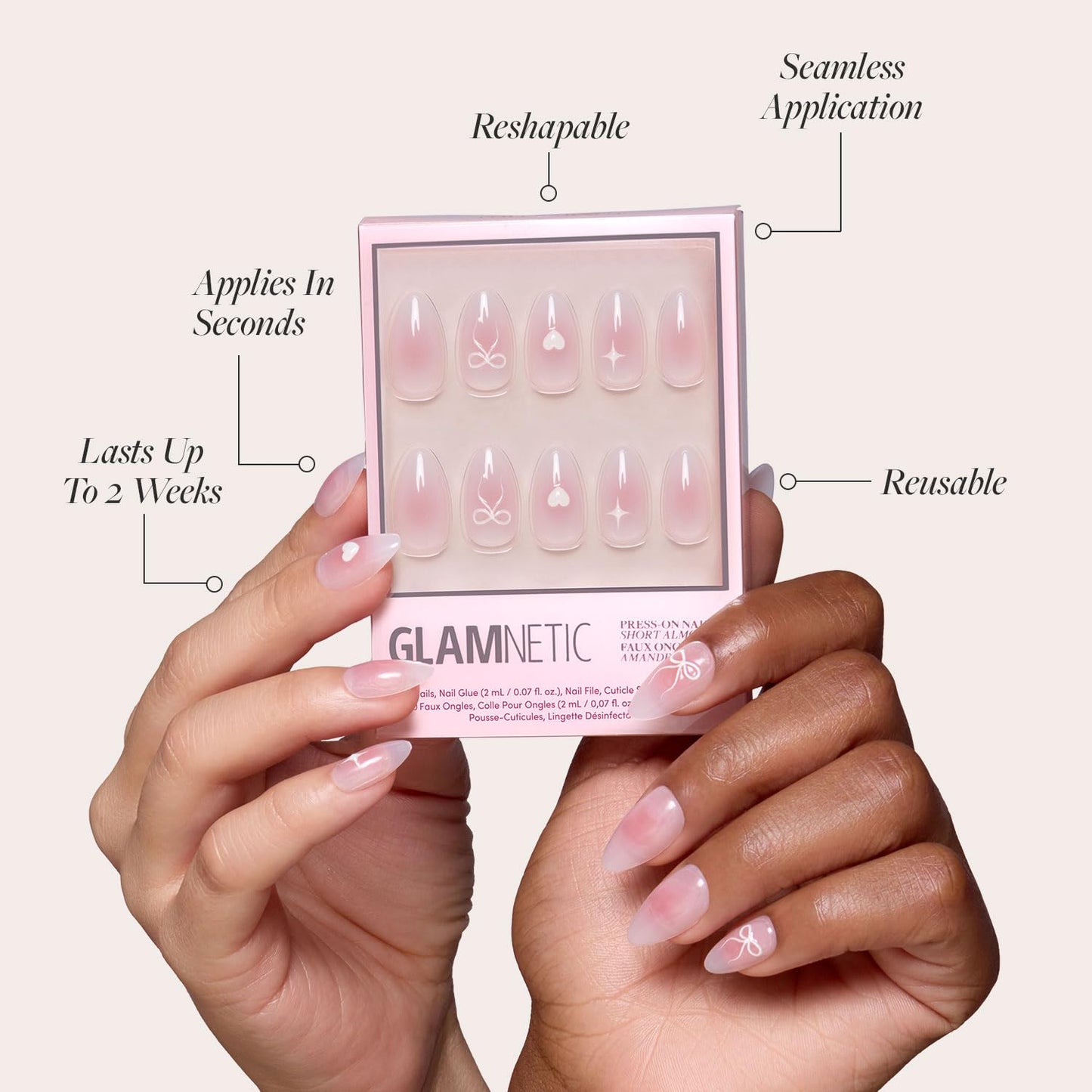 Glamnetic Press-On Nails & Adhesive Nail Tabs - Lovers Knot | Short Almond Nude Fake Nails with Bow Accents | 15 Sizes - 30 Nail Kit with Adhesive Tabs