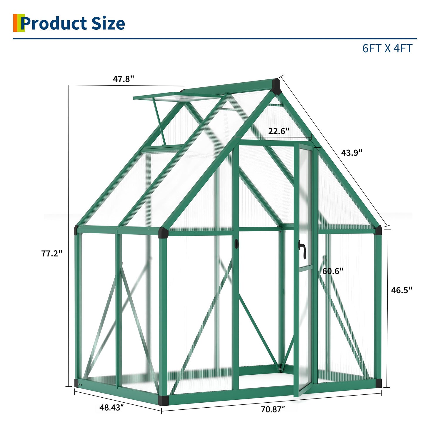 GarveeHome 6×4 FT Outdoor Greenhouse, Large Walk in Greenhouses for Outdoors and Garden Planting, Polycarbonate Green House with Enhanced Aluminum Frame and W/Lockable Push Door, Green