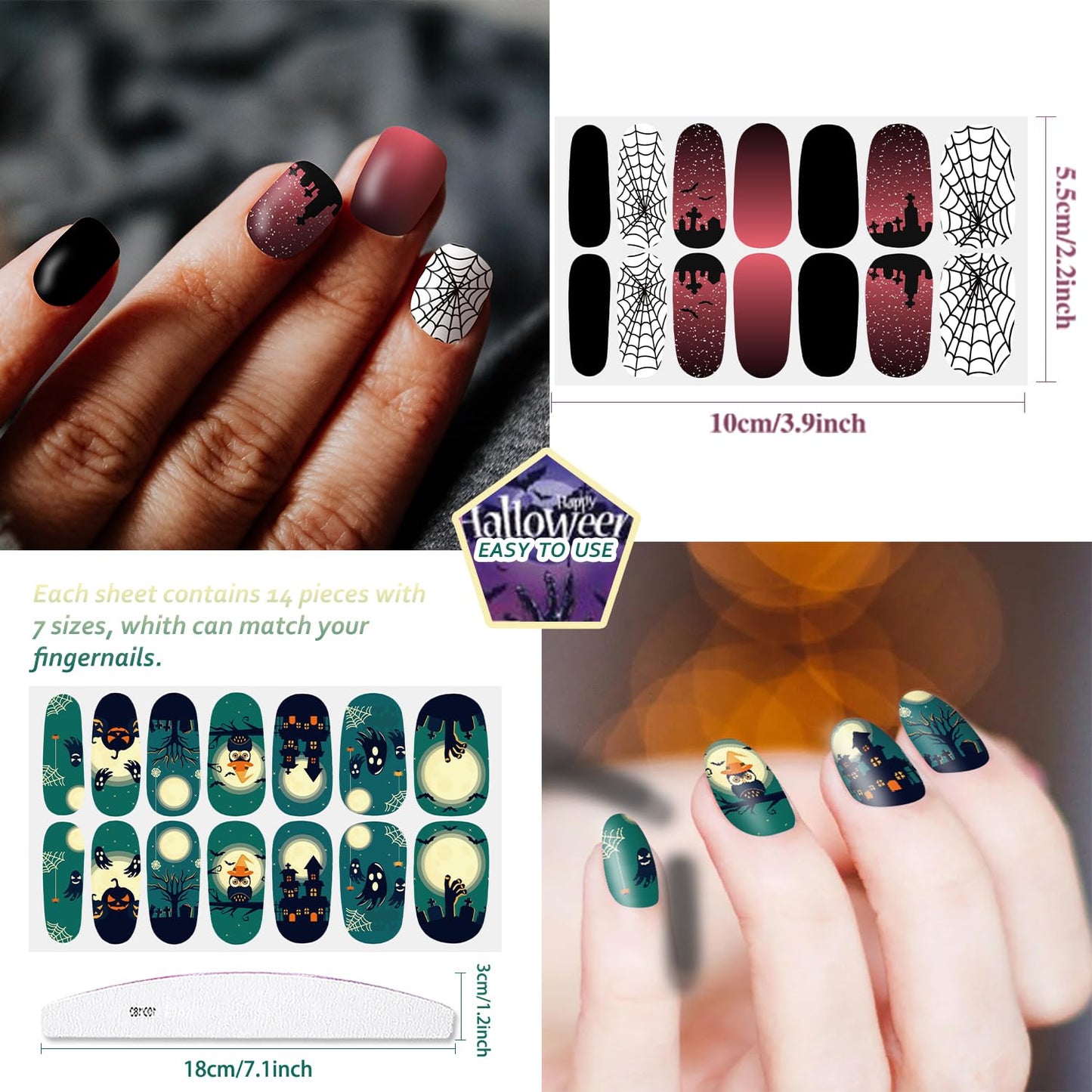 JERCLITY 336 Pieces 24 Sheets Halloween Nail Polish Strips Halloween Nail Wraps for Short Nails Spider Cobwebs Ghosts Jack-o'-Lantern Cemetery Nail Stickers for Women Halloween Nail Art