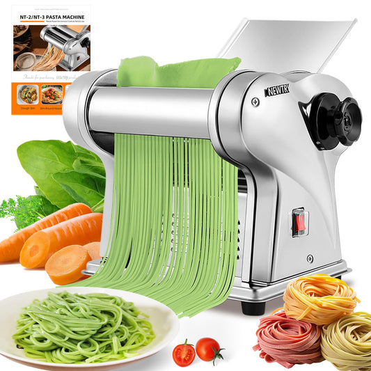 NEWTRY Electric Pasta Maker Noodle Maker Pasta Making Machine Dough Roller Cutter Thickness Adjustable Stainless Steel US 110V for Family Use 2 Blades Type