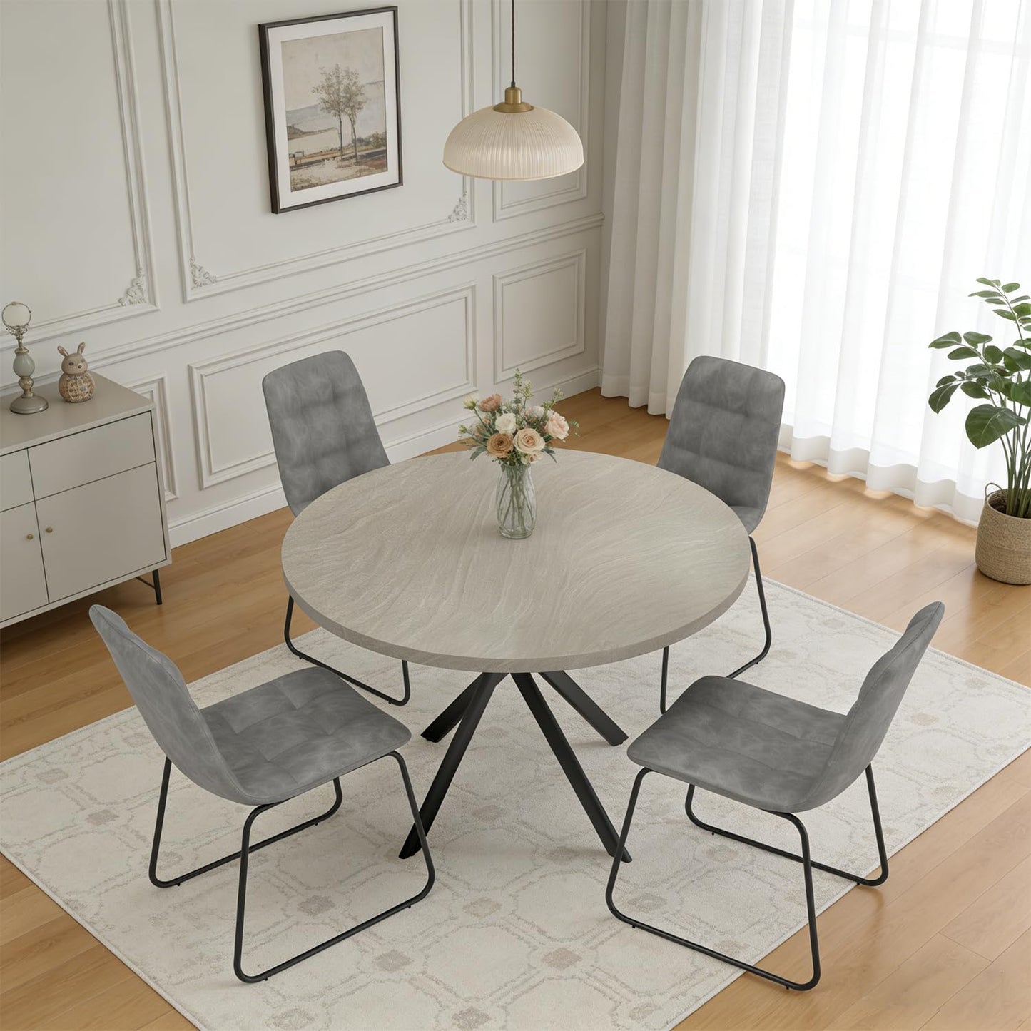 domusdisn 44" Round Dining Table with Cozy Chair Set for 4, Modern Mid-Century Dining Table Set of 4, Dinette Sets with Metal Leg for Kitchen Dining Room Apartment(Gray Table + Gray Chairs)