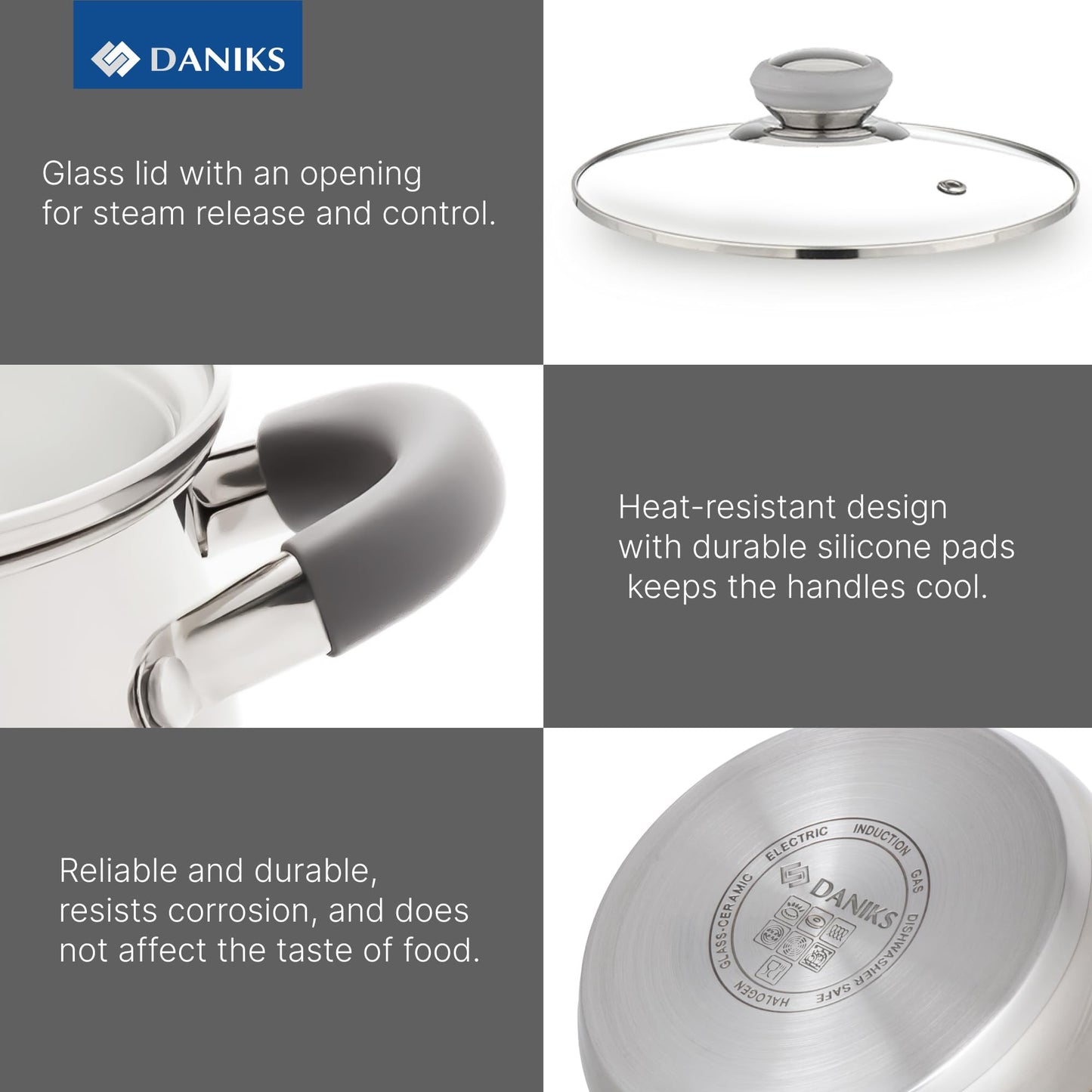 Daniks Modern 11-Piece Stainless Steel Cookware Set with Glass Lids, Includes Saucepan and Frying Pan with Lid, Tri-Ply Bases for Even Heating, Induction Compatible, Dishwasher Safe, Heatproof Handles