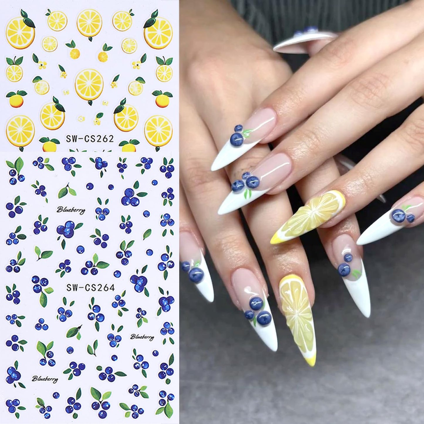 5Sheets Fruit Nail Art Stickers 3D Bohemia Fruit Design Nail Decals Self-Adhesive Flower Pattern Totem Lemon Nail Sticker Summer Strawberry Blueberry Nail Decal for Women DIY Nails Decoration Supplies