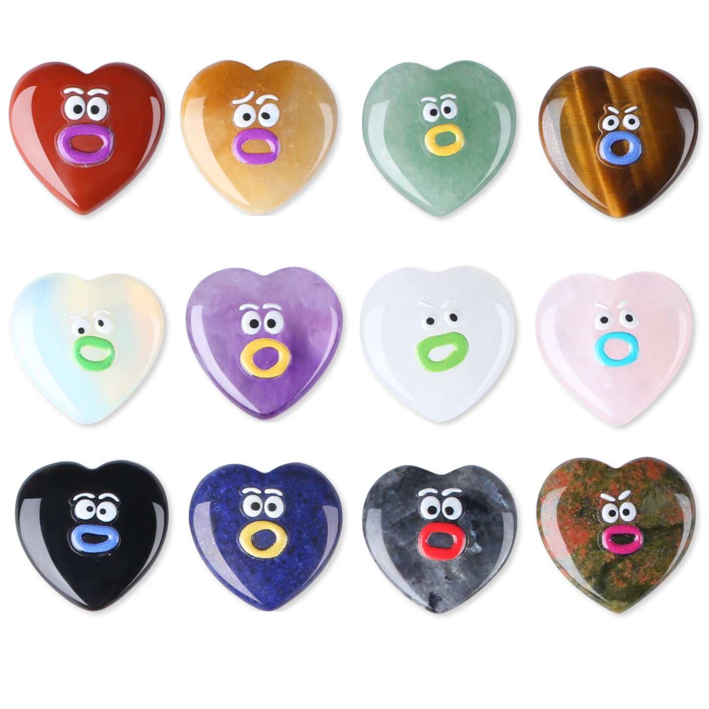 XIANNVXI Funny Emotion Heart Polished Stone Gift 12pcs Natural Heart Healing Crystals Stones Mothers Day Graduation Birthday Gifts for Women Cute Emoji Carving Figurine Crystals Present
