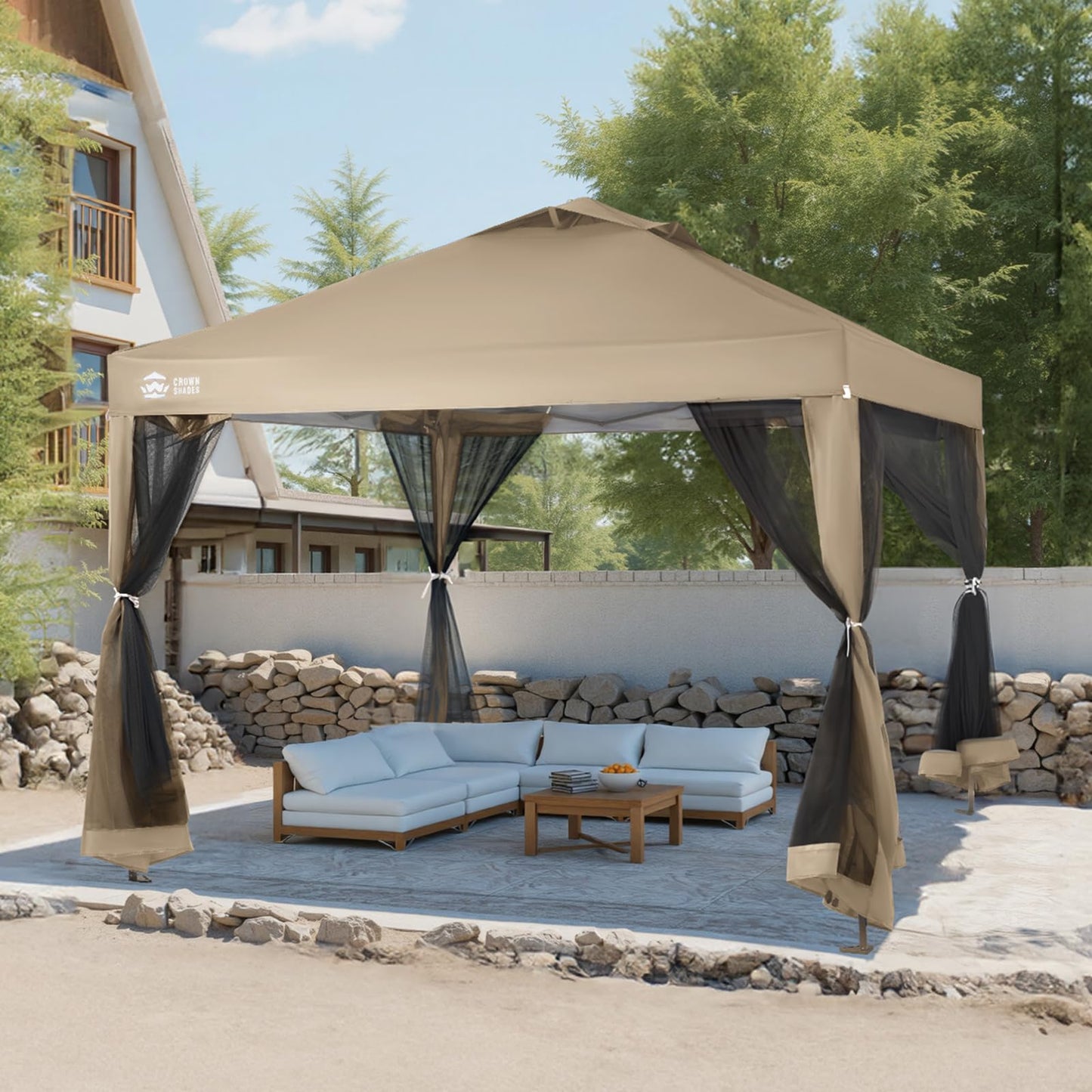 CROWN SHADES 10x10 Pop Up Gazebo, Canopy with Mosquito Netting,Instant Screen Tent with 4 Ropes, 8 Stakes, 4 Sandbags and Wheeled Storage Bag,for Patio & Backyard Parties,Camping&Events- Beige