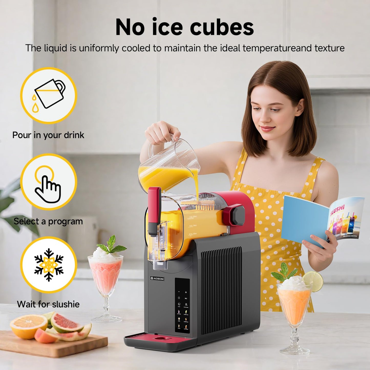 AAOBOSI Slushie Machine for Home, Frozen Drink Machine with Cookbook, Margarita Machine with 6 Presets Programs, No Ice Needed, Auto Cleaning, Slushy Maker for Frozen Margaritas, Cocktails, Frappés