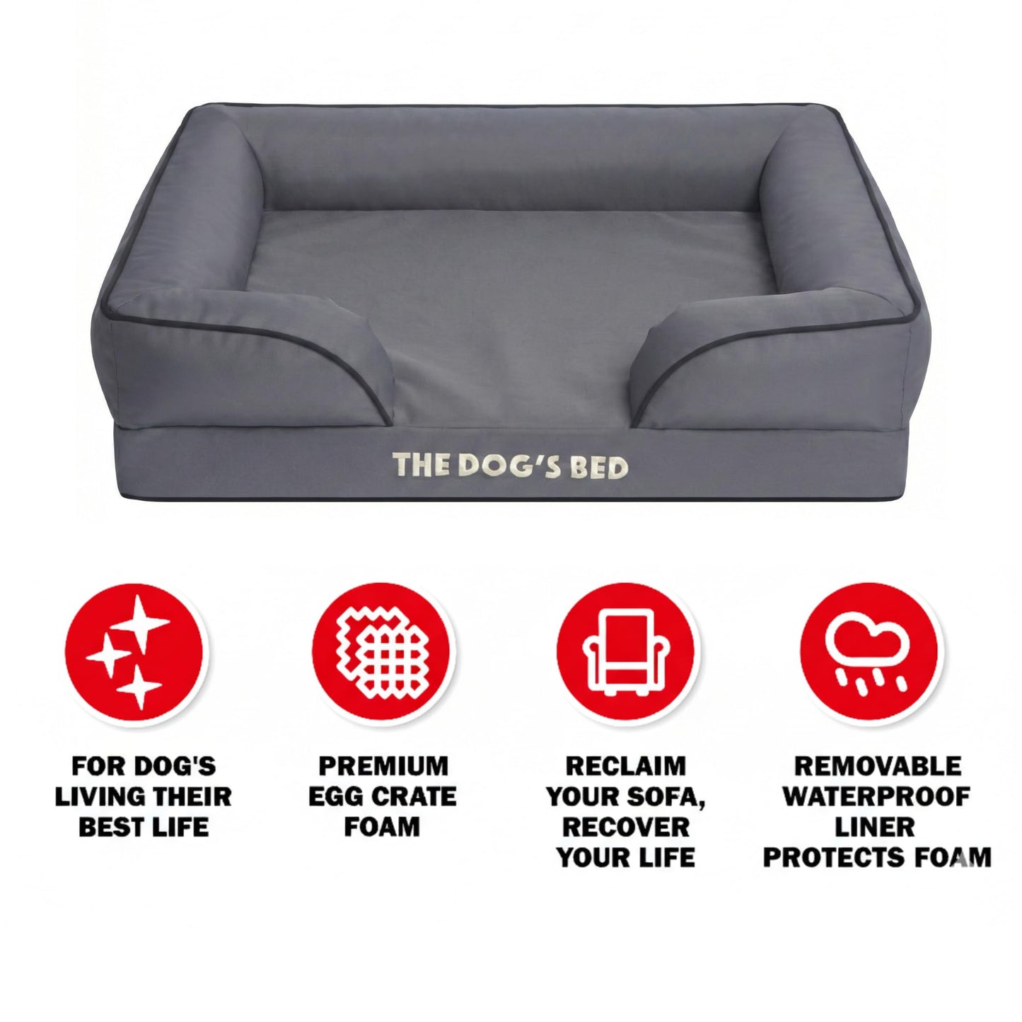 The Dog’s Bed Supportive Egg Crate Foam Dog Bed for XXL Dogs, Grey Oxford - Washable Bolster Dog Bed with Removable Waterproof Liner, Non Slip Base, Sofa Style Pet Bed