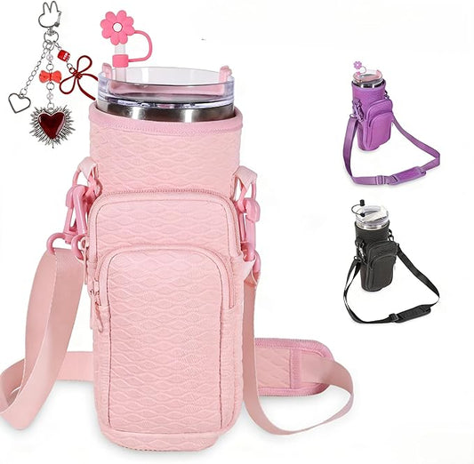 &And Per Se Water Bottle Shoulder Bag for Women, Neoprene Carrier with Phone Pocket & Pink Charm, Adjustable Crossbody Strap Fits Stanley 40oz Tumblers, Gift for Her (Pink)
