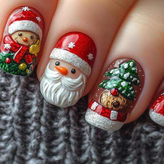 Christmas Medium Square False Nails Glossy Red Christmas Hat Acrylic Fake Nail Cartoon Santa Claus Press on Nails 24Pcs Xmas Tree Stick on Fingernails Snow Gel Glue on Nail for Women Xmas Gift