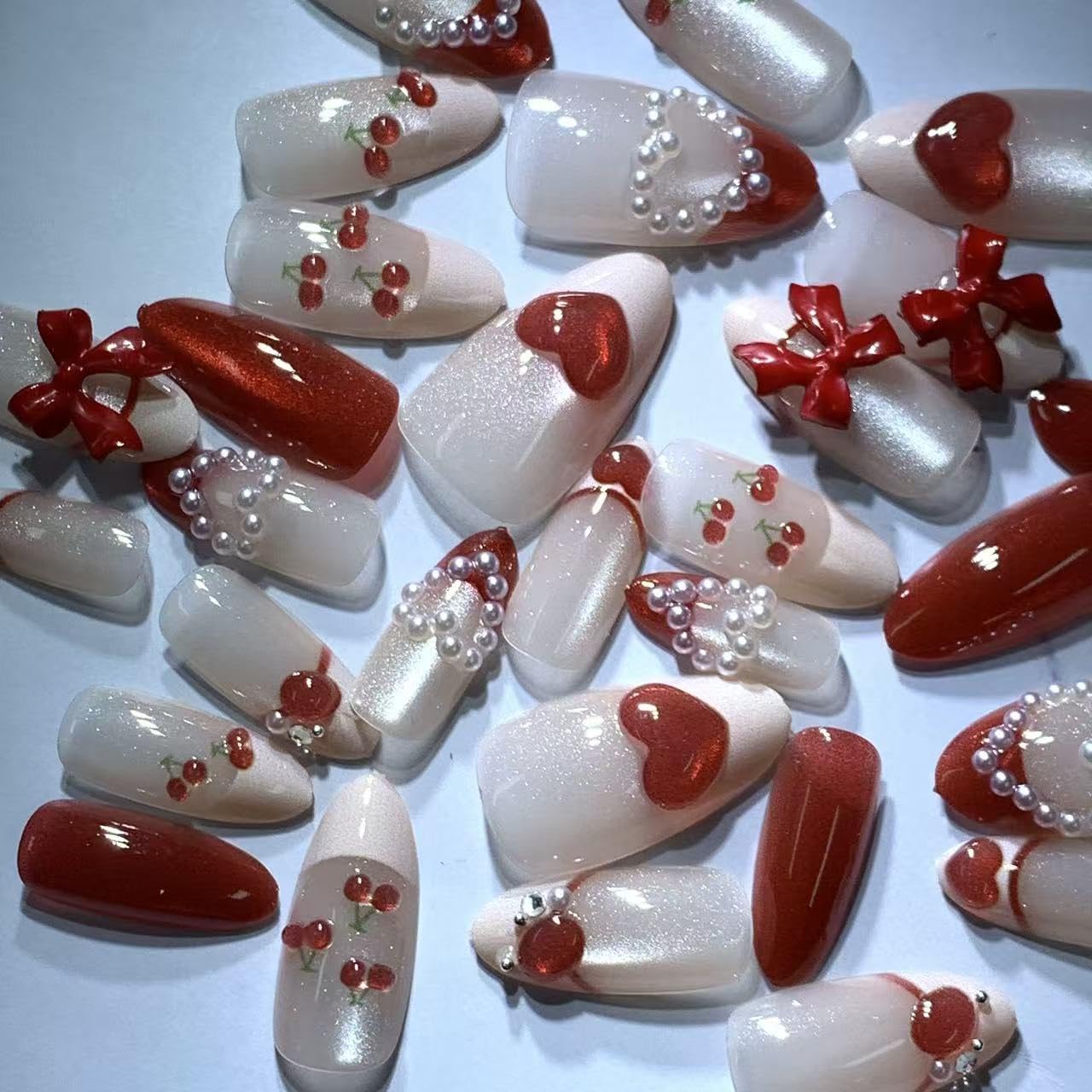 BABALAL Press on Nails Medium Almond Red Pink French Tip Fake Nails 3D Heart Cherry Design Handmade Cat Eye Shiny Acrylic Glossy Full Cover Glue on False Nails for Women and Girls 30Pcs Reusable