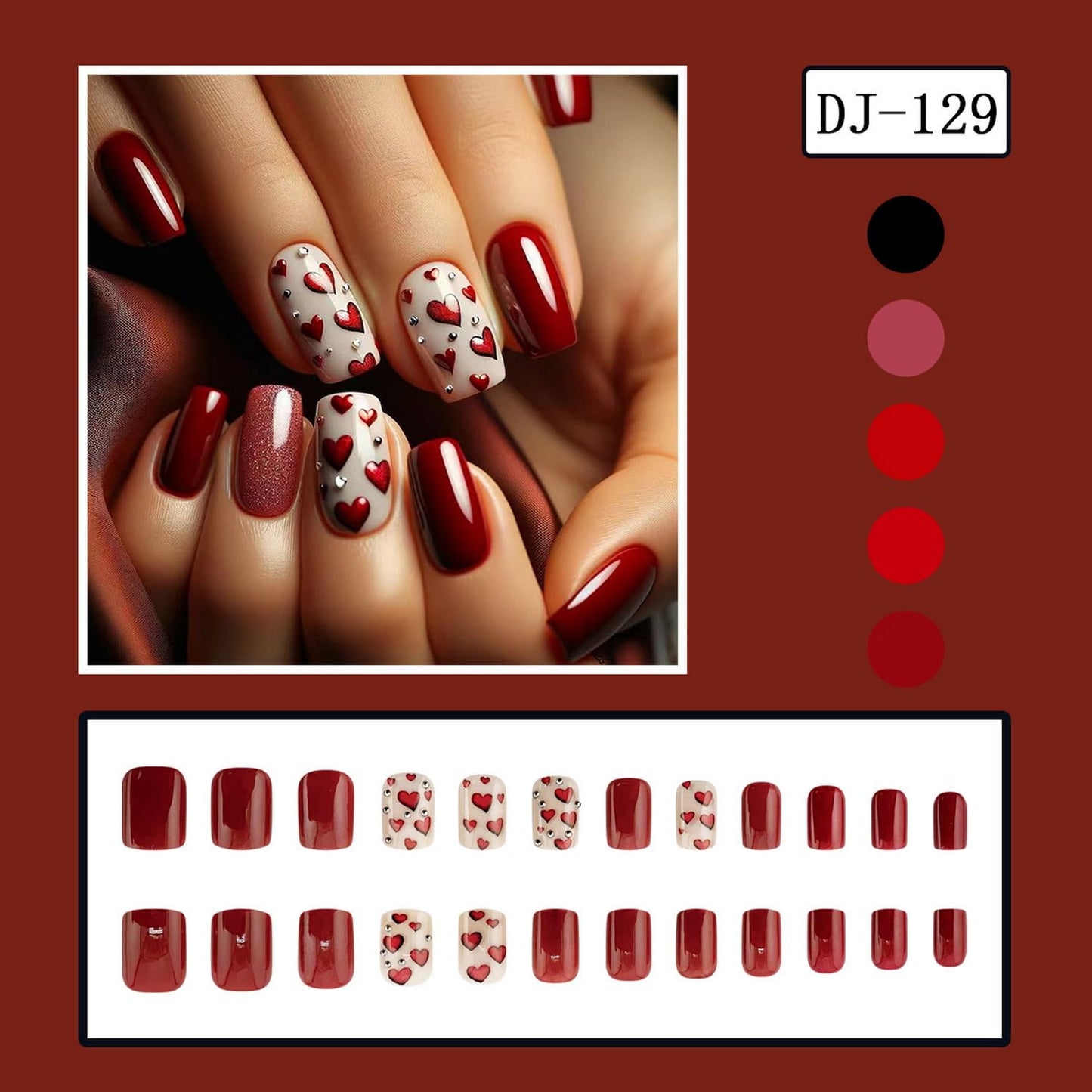 24pcs Heart Press on Nails Short Square Valentines Fake Nails Glitter Full Cover False Nails with Rhinestones Red Heart Designs Acrylic Nails Red Stick on Nails Glossy Artificial Nails for Women