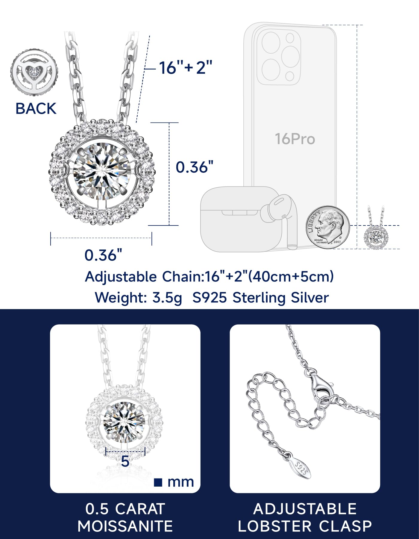 MomentWish Floating Necklace for Women, 0.5 Dancing Moissanite Necklace for Her, 925 Sterling Silver Pendant Anniversary Birthday Christmas Gift for Wife Mom Girlfriend-Halo