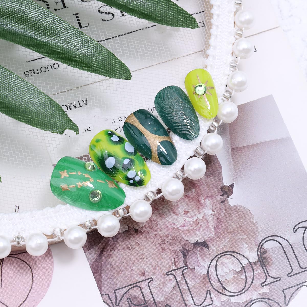 24Pcs Dark Green Press on Nails Short Almond Fake Nails Gold Butterfly Full Cover Spring False Nails Glitter Rhinestones Star Glue on Nails 3D Summer Stick on Nail Marble Green Acrylic Nails for Women