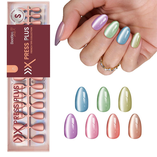 Beetles X Press Cat Eye Nails - Soda Aurora | 7 Colors Short Almond Press On Nails | 16 Sizes 224 Pcs Natural Salon Quality Soft Nail Gel Art DIY For Women