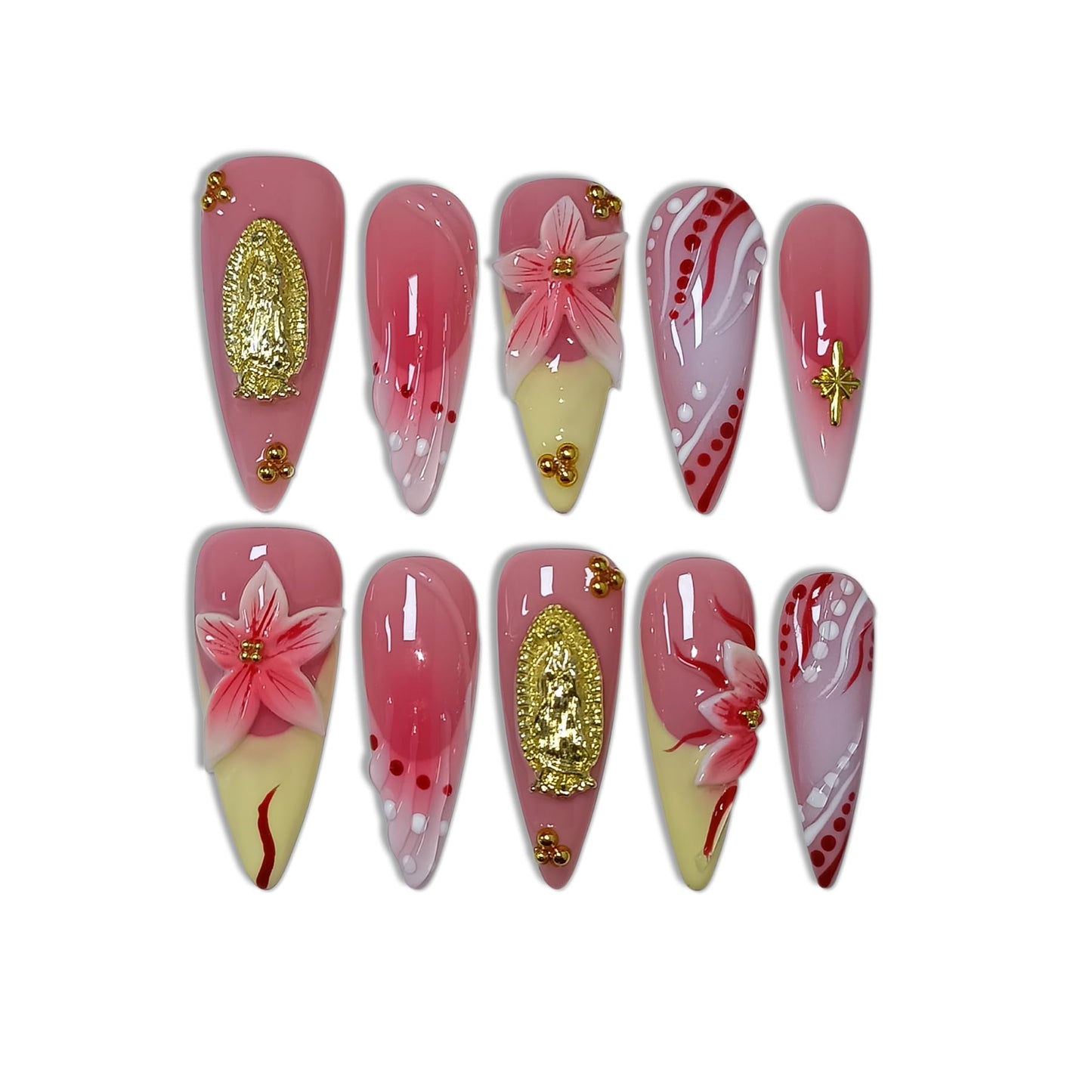 TENPAL Handmade Press on Nails Long Stiletto - Vivid Red 3D Floral Blush Ombre Hand Painted Design Fake Nails for Women Girls- Glossy French Tips Stick on Nails for Gifts(L)