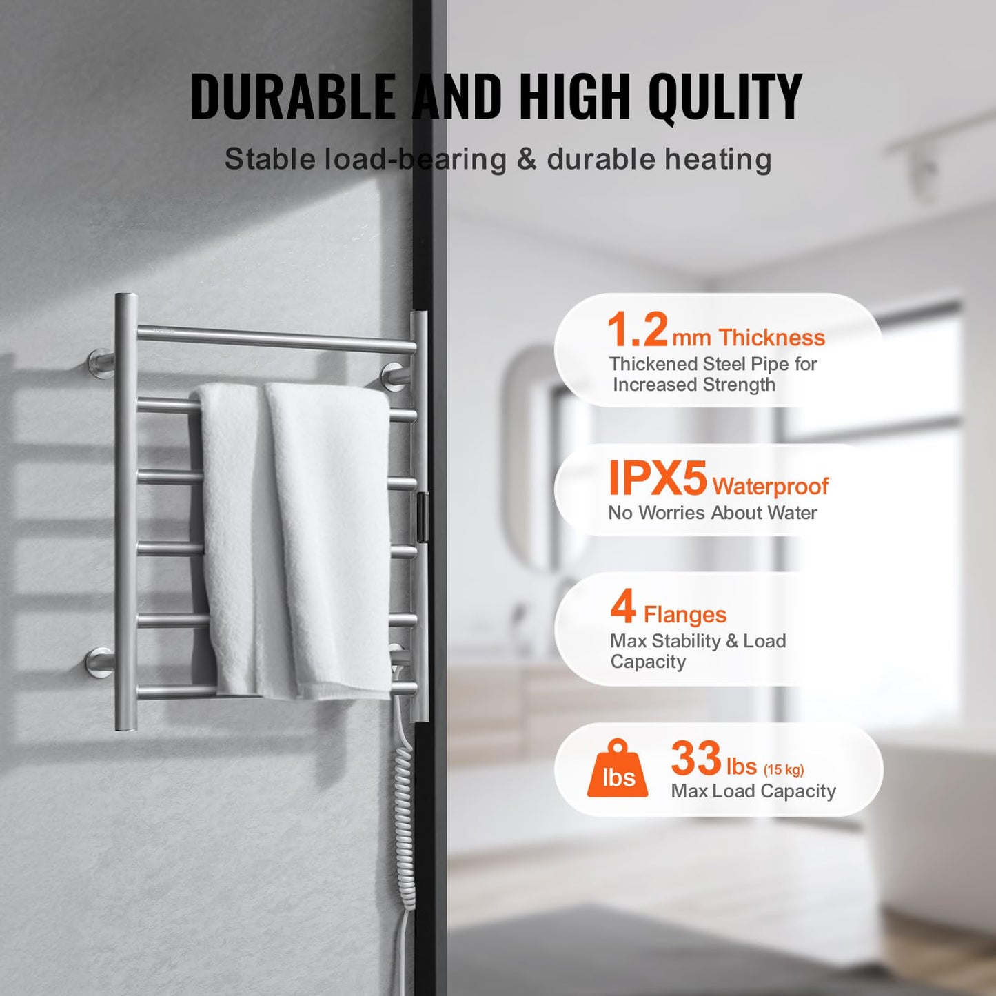 VEVOR 6 Bars Towel Warmer Rack, Wall Mounted Heated Towel Rack for Bathroom, IPX5 Waterpoof Towel Heater Rack with Timer & LED Display Screen, 5 Levels Adjustable Temperature Towel Heater, Silver