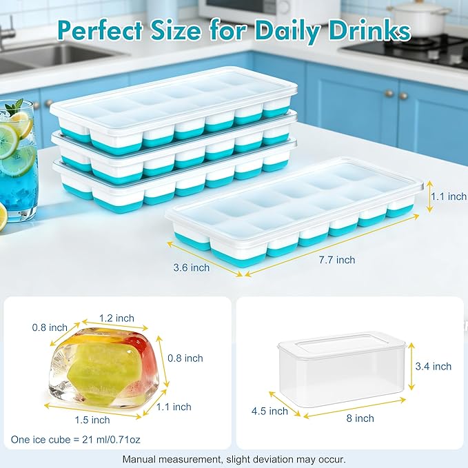 NFK Ice Cube Tray with Lid & Bin - 4 Pack Stackable Silicone Trays for Freezer with Storage Container, Leak-Proof Lids, BPA-Free, Easy Release for Kitchen, RV, Cocktail, Party, Coffee & Drinks