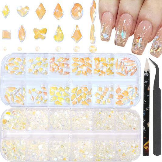 DZHILHMX Nail Rhinestones - 3D Multi Shape Size, Flat Back, Manicure Rhinestones Charms, Crystal Aurora Gems, with Kit, for Nail Art, Bedazzling Acrylic Nails, DIY Decor