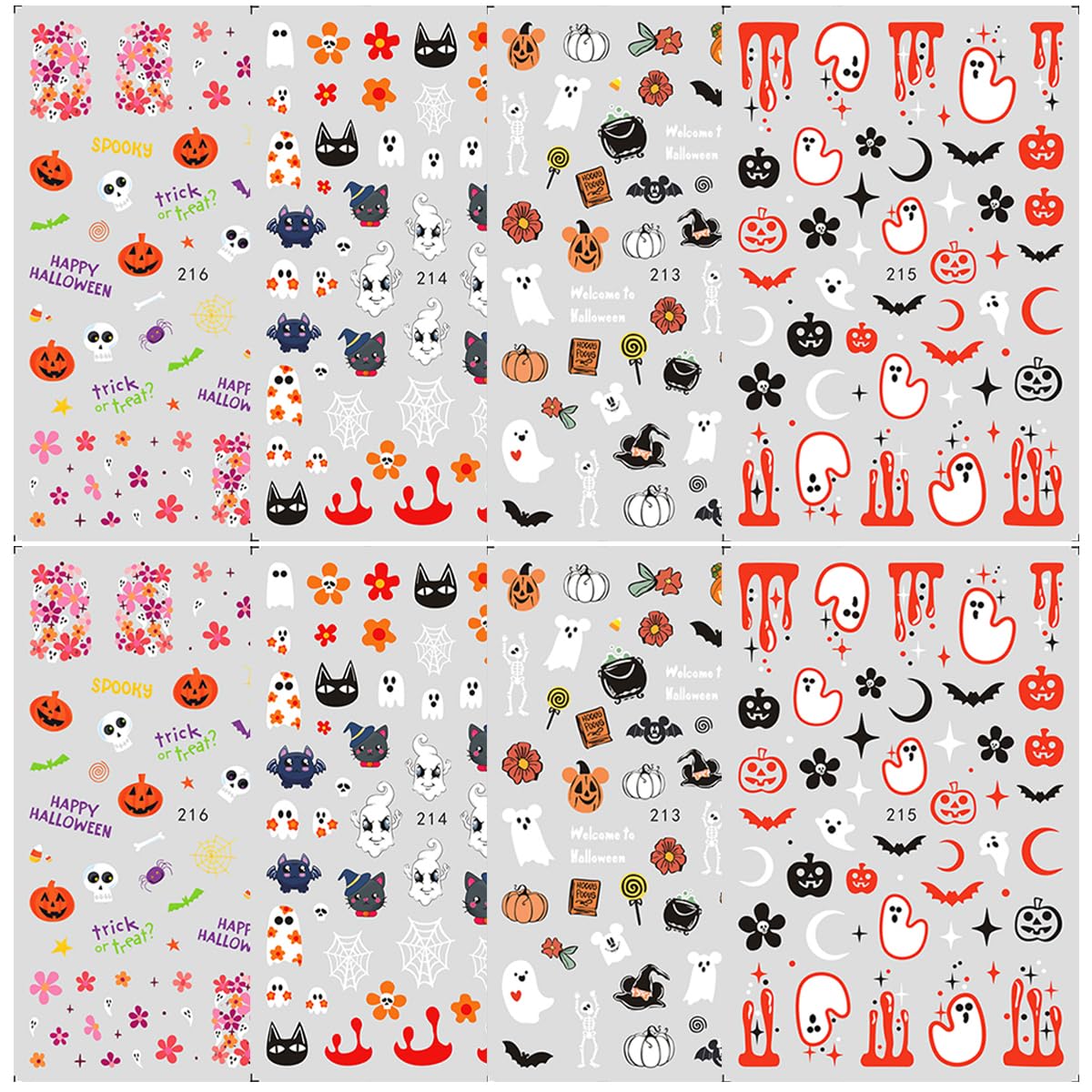 Halloween Nail Art Stickers 8 Sheets Cute Halloween Cartoon Nail Stickers Cute Ghost Pumpkin Stickers Blood Bats Cat Spider Web Skull Nail Art Design Nail Decals for Women DIY Halloween Charms