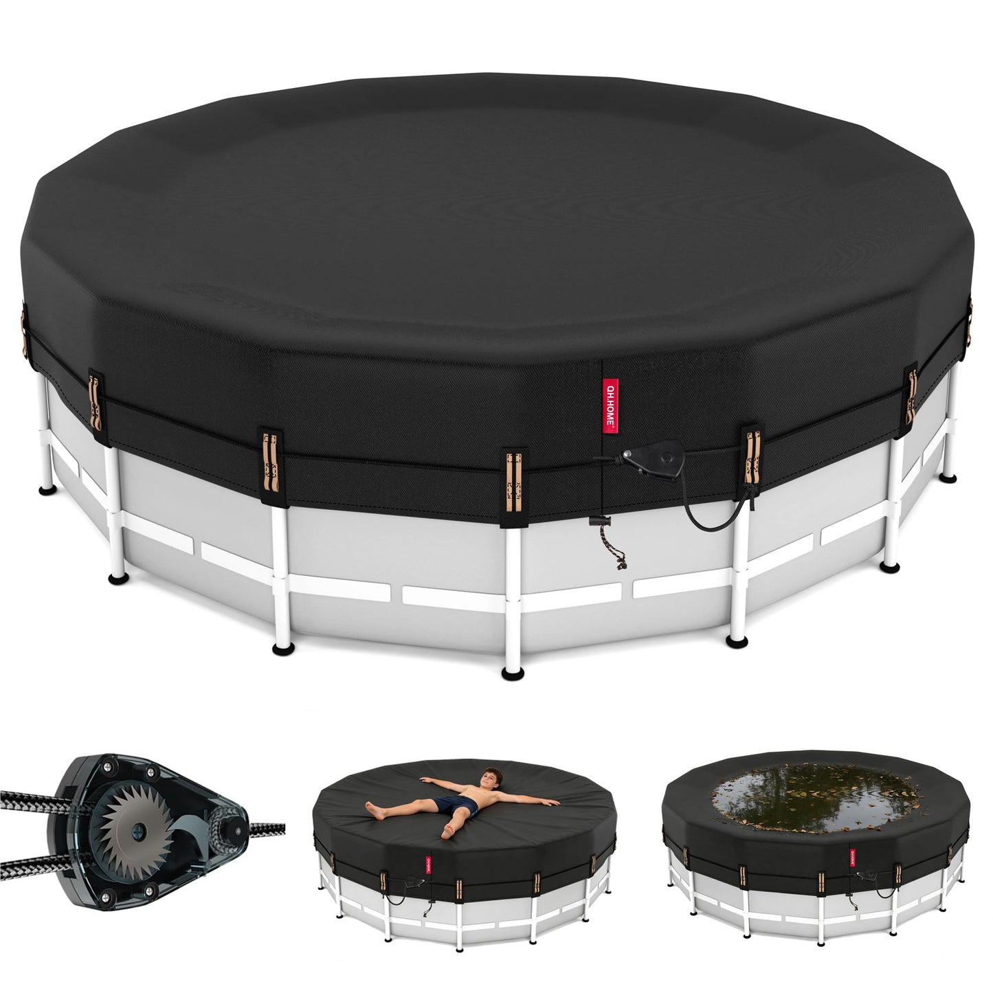 QH.HOME 20ft Round Pool Cover,[Ultimate Windproof & Tear-Resistant Fabric],Snug Fit with Patented Ratchet & Weight Rings,Solar Pool Cover for Above Ground Pools, Blocks Leaves &Waterproof