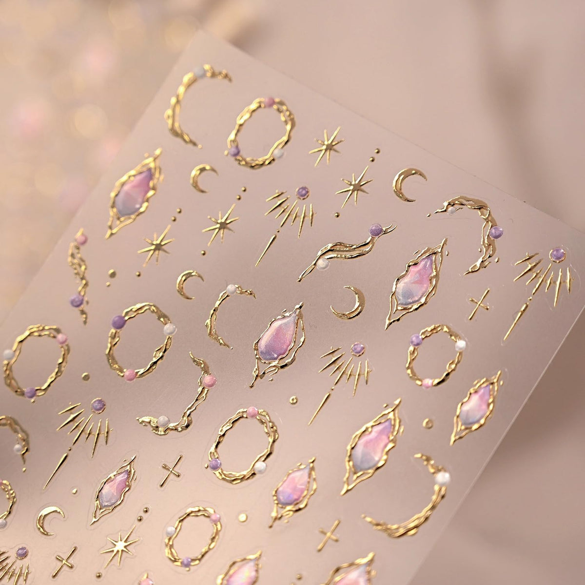 5D Embossed Gold Nail Stickers for Nail Art Moon Star Nail Art Stickers with Pearl Design Pink Gemstone Nail Decals Moon Nail Design Supplies for Women Girls