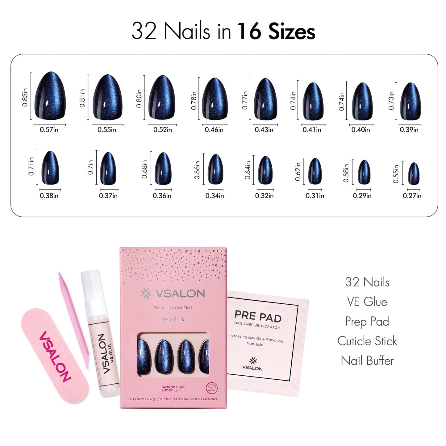 VSALON Press on Nails Almond - Deep Blue Cat Eye & Ombre Lavender Cat Eye French Tip