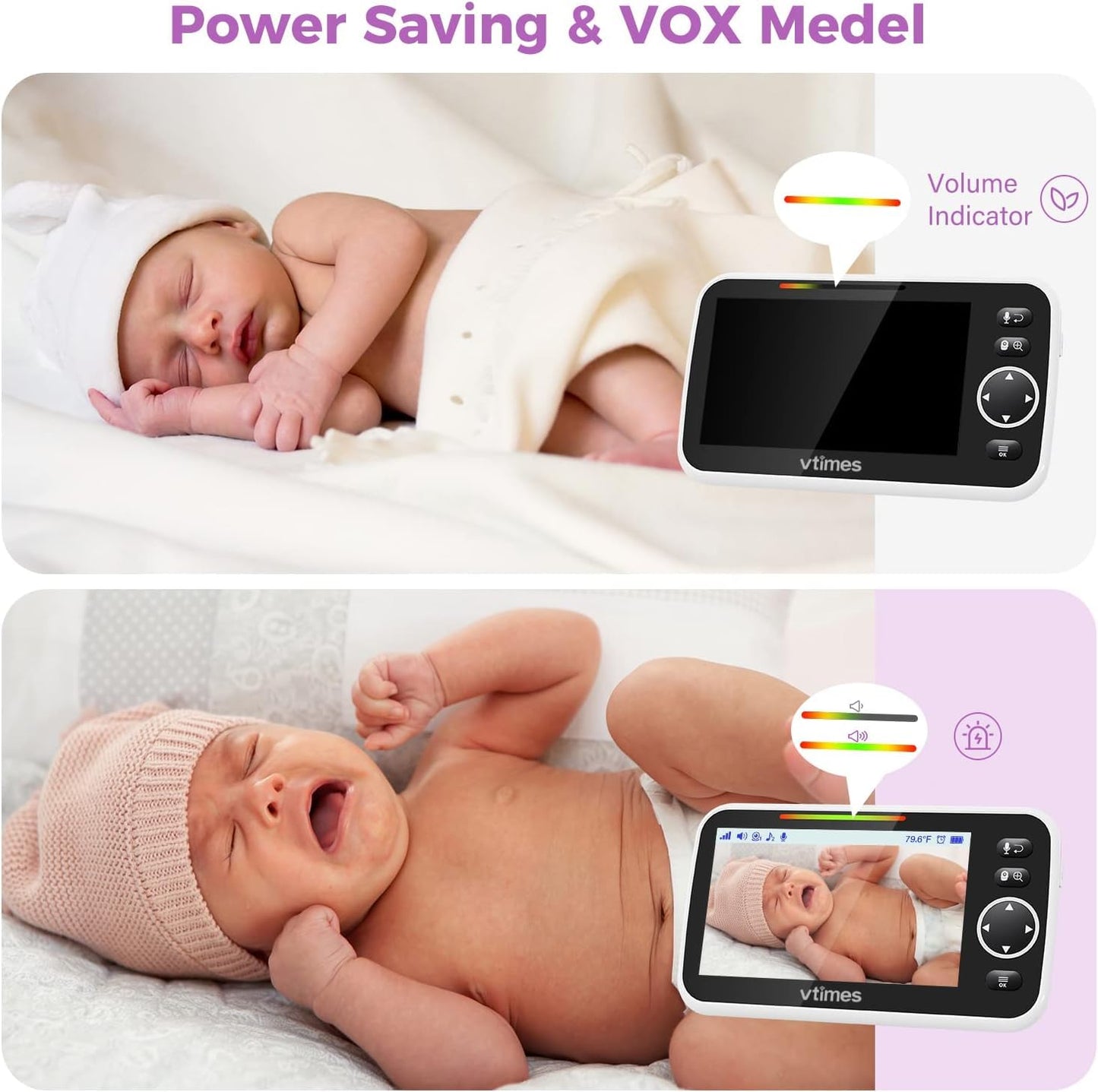 VTimes 5" LCD Screen Video Baby Monitor with Camera and Audio No WiFi, Two Way Audio, Night Vision,1000ft Range, 2X Zoom Temperature Display, Alarm, Lullaby for Baby Elderly Pet