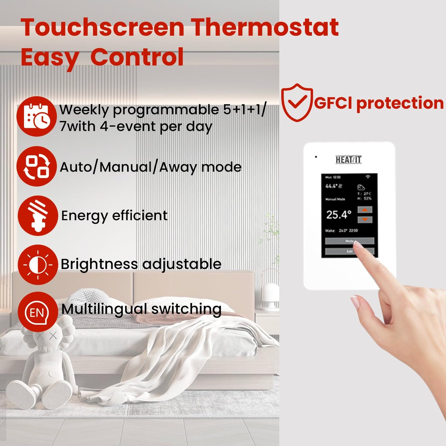 90 sqft HEATIT Warmmat Electric Radiant Self-adhesive Floor Heat Heating System & ET-7AW Thermostat & Alarm Monitor