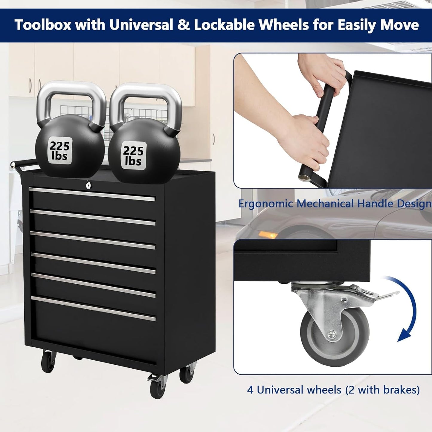 Rolling Tool Box with Wheels, 6 Drawer Tool Storage Cabinet, Portable Toolbox Organizer with Lock, Heavy Duty Tool Chest Cart for Garage, Mechanic, Workshop, Shop, Mobile Tool Organizer, Black