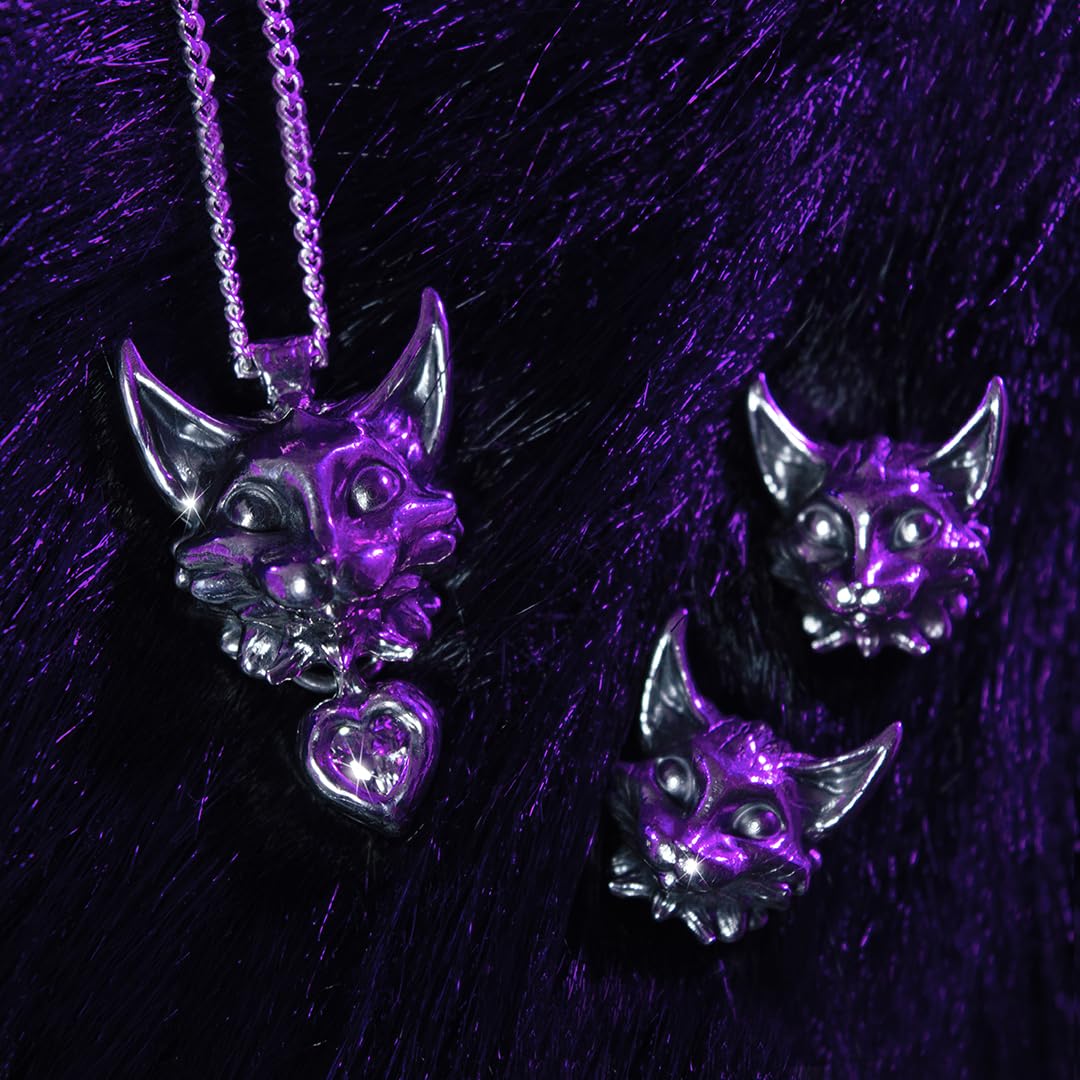 IlustrAriane Sterling Silver Cat Necklace and Earrings Set with Heart Zirconia – Matching Jewelry Gift for Cat Lovers