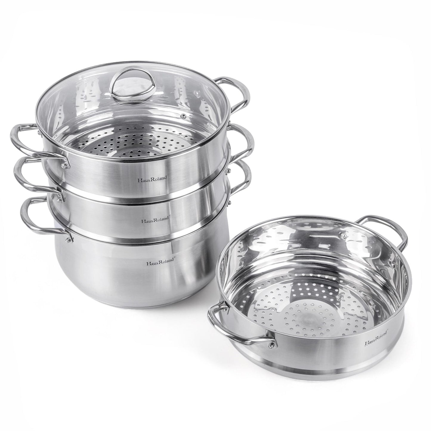 3-Tier Stainless Steel Steamer Pot with Lid Dumpling Steamer Pot for Cooking (3-tiered), Multi-Layer Cookware Pot, Food Vegetable Cooking Pan with Stackable Pan Insert for Vegetable, Dumpling, Meat, Dishwasher safe, Induction Safe (Silver, 10.56-qt. (10 L
