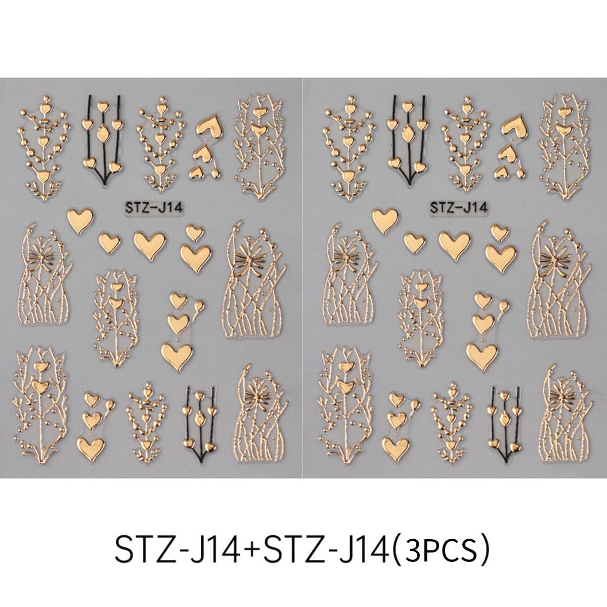 Golden Heart Nail Art Stickers Valentine’s Day Heart Nail Stickers for Nail Art 3PCS 3D Metallic Love Hearts Tree Stripe Design Self-Adhesive Nail Decals for Women DIY Manicure Nail Decorations Supply