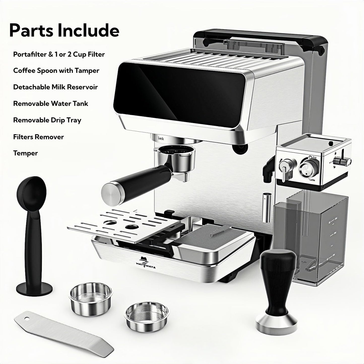 MAttinata CM1833L Automatic Cappuccino Machine, 20 Bar Espresso Maker with Dual Boiler & Self-Cleaning Milk Frother, Touch Screen Coffee Machine for Latte, Stainless Steel Home and Office, Silver