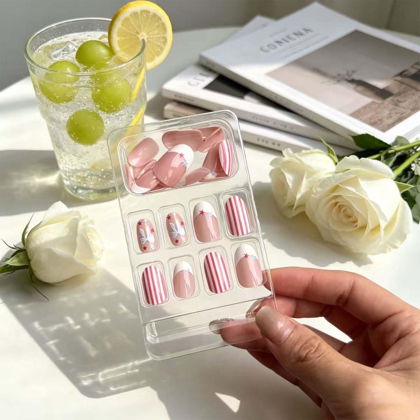 AWDSLUY 24Pcs Bow White French Tip Press on Nails Short Oval Fake Nails with Pink White Stripe Star Design Nude Pink Glossy False Nails Sweet Summer Blue Star Full Cover Stick on Nails for Women