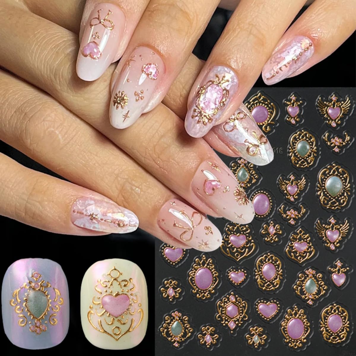 4 Sheets Flower Nail Art Stickers 5D Embossed Retro Floral Gemstone Nail Decals Gold Silver Carving Luxury Baroque-Style Scepter Self-Adhesive Nail Art Supplies for Women DIY Manicure Decoration