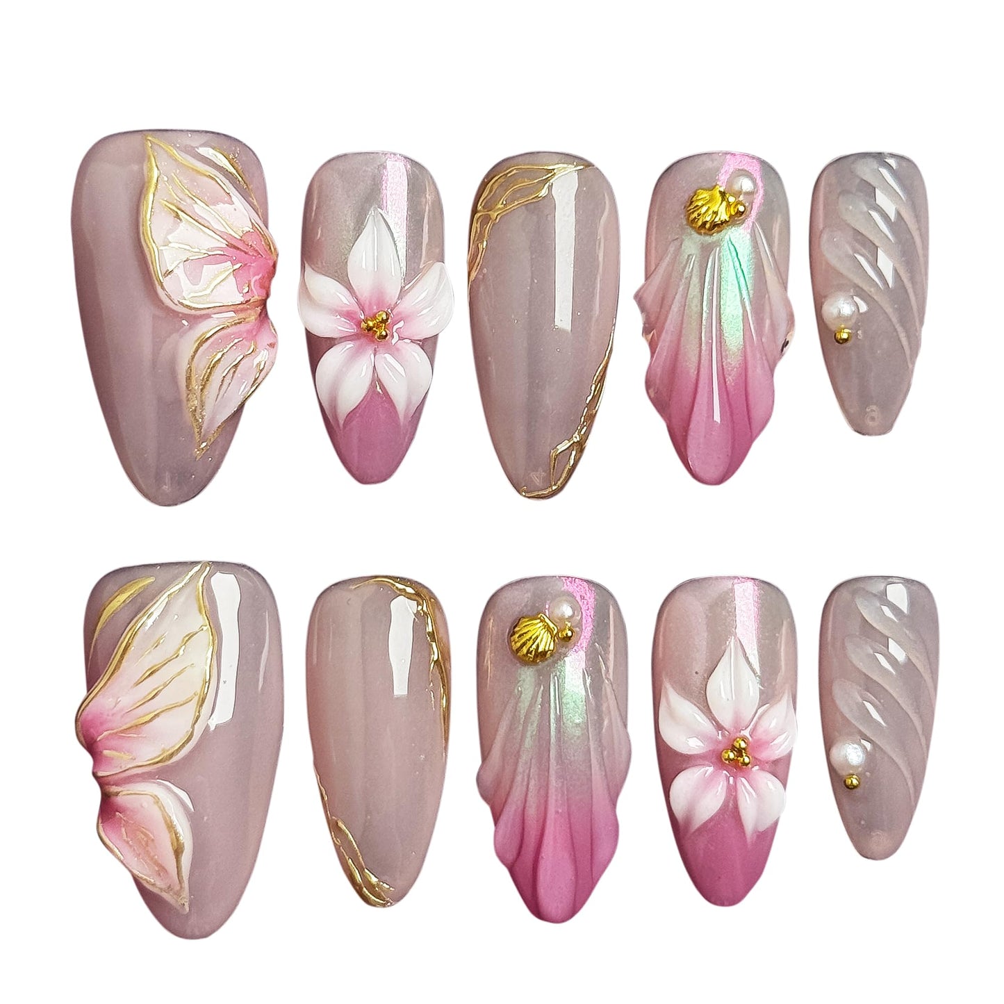 10 Pcs Press On Nails 3D Floral Pink Yellow Gradient Aurora Petal Gold Accent Soft Glam Artistic Fake Nails, Acrylic/UV Gel Romantic Summer Blossom Pastel Iridescent Wearable Nails (Multicolor, M)