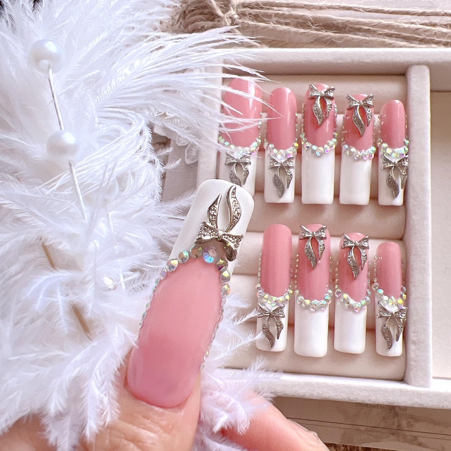 NAIL ANGEL 10PCS/SET Glamorous Handmade Press on nails Glitter Rhinestone with Metal 3D Bow Charms Long Coffin Nails Party Nails XXL Long Artifical Tips ZJ-08 (Multi-Color, ZJ-08-M)