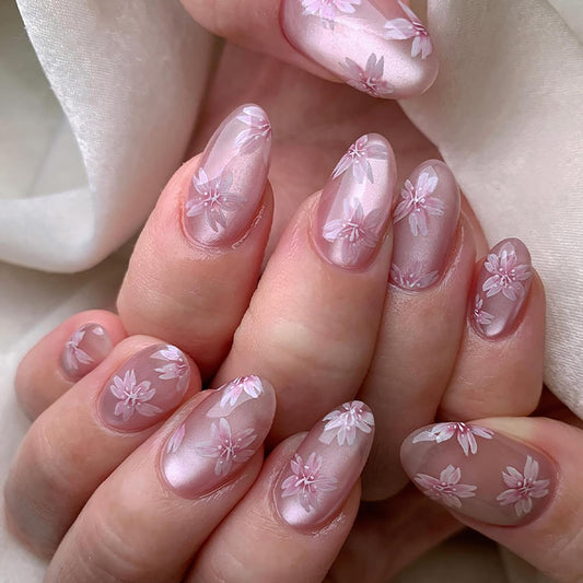 TBRZTR Flower Press on Nails Oval Shaped Medium Pink Floral Pattern Design False Nail Full Cover Glossy Artificial Stick on Nail Acrylic Press Ons Glue on Nails for Women 24Pcs