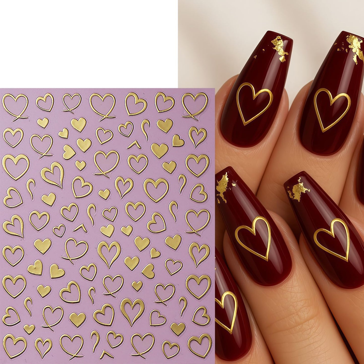 6 Sheets Heart Nail Art Stickers Valentines Nail Decals Self-Adhesive Red Silver Gold Peach Hearts Nails Stickers Hollow Heart Love Sticker Nail Supplies for Women Holiday Acrylic Nails Decoration