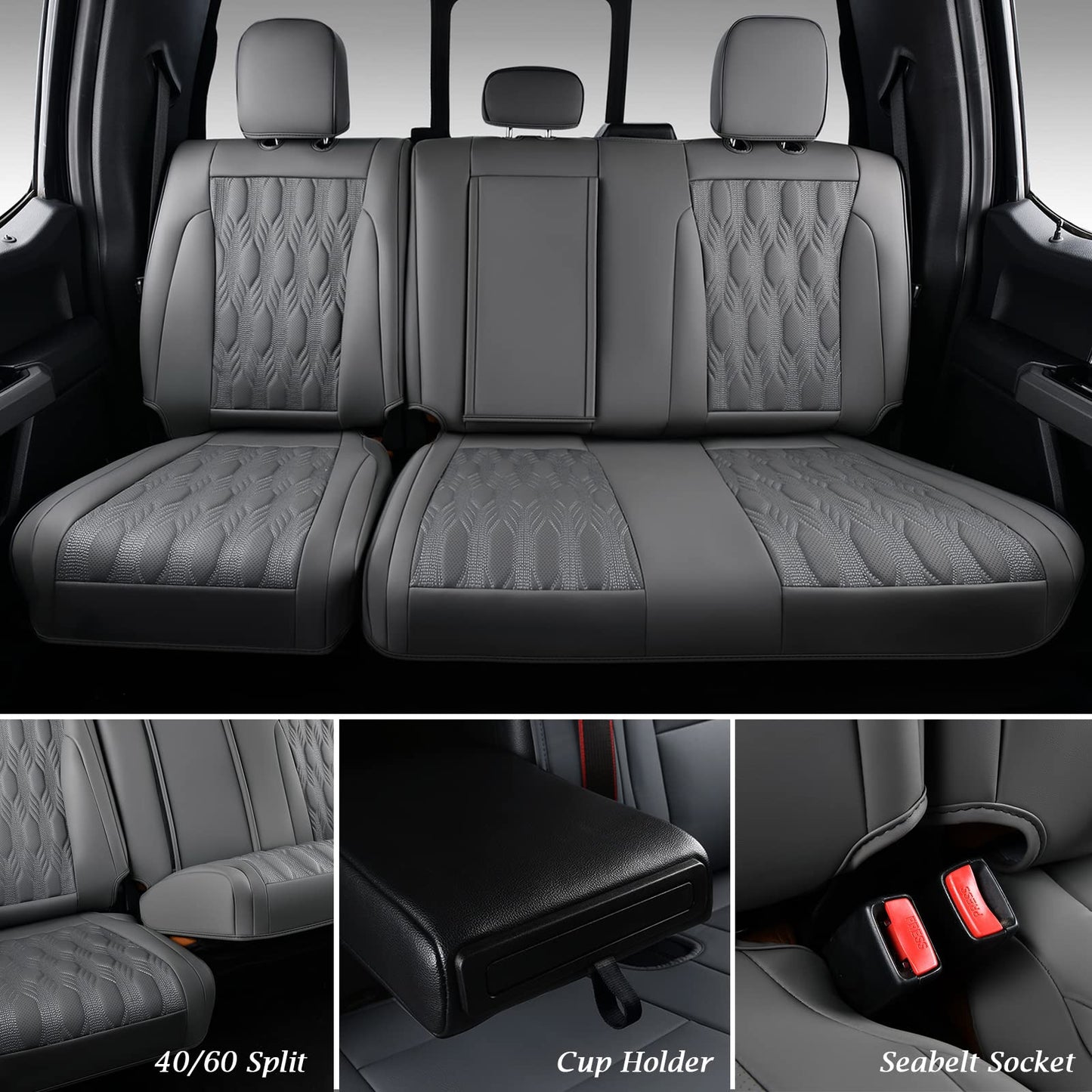 Coverado Car Seat Covers Full Set, Leather Ford F150 Seat Covers Fit for 2015-2025 F150 and 2017-2025 F250 F350 F450 Super Duty Crew Cab XL XLT Lariat King Ranch Platinum (Gray)