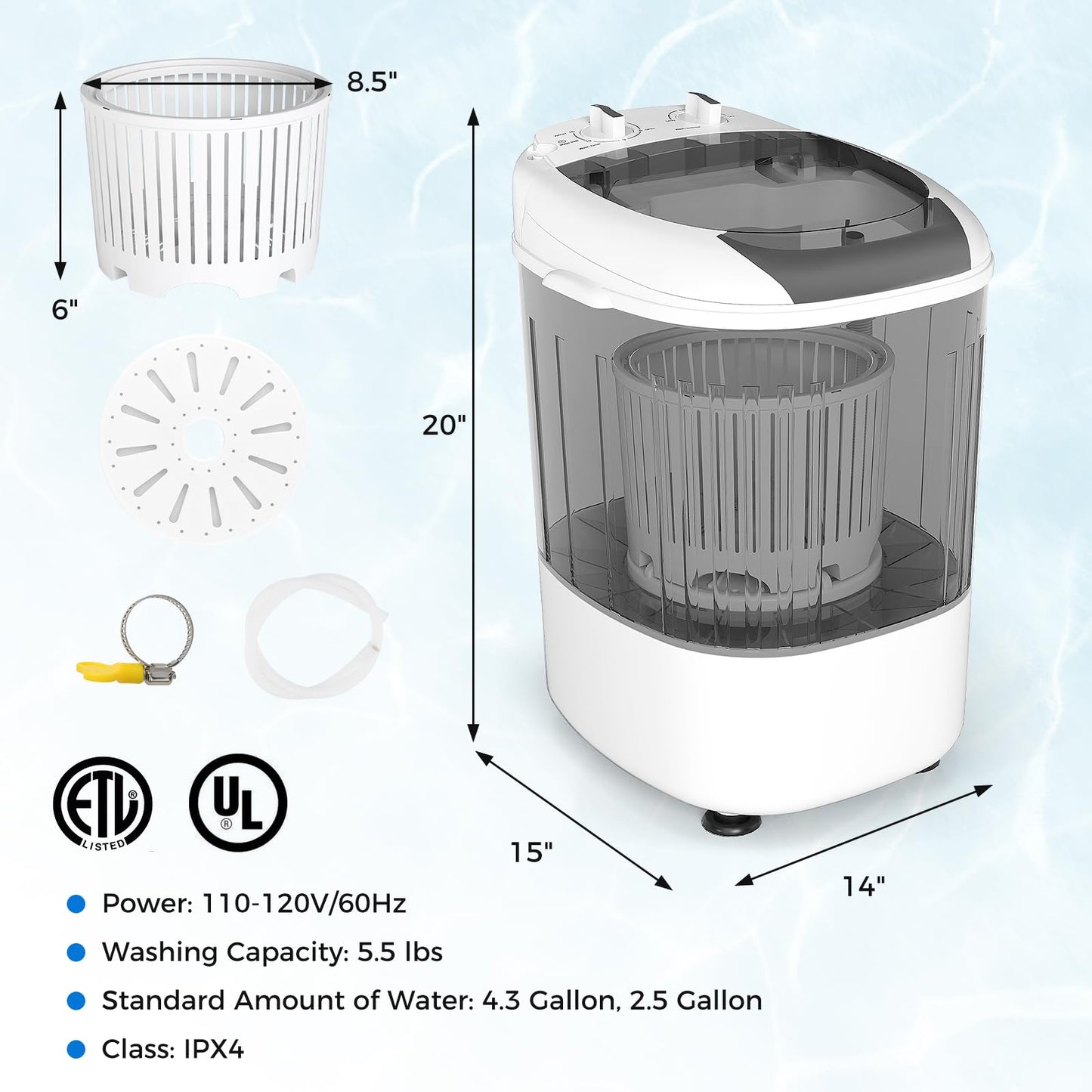 COSTWAY Mini Portable Washing Machine, 5.5 lbs Capacity, Compact Laundry Washer with Spin Tub & Drain Hose, Perfect for Apartment Dorms RV Home (Grey)