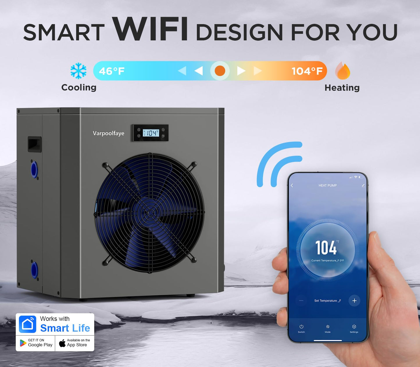 Varpoolfaye 16000 BTU Electric Heat Pump Pool Heaters for Above Ground Pools WiFi Control 5000 Gallon Pool Heater 120v 60Hz