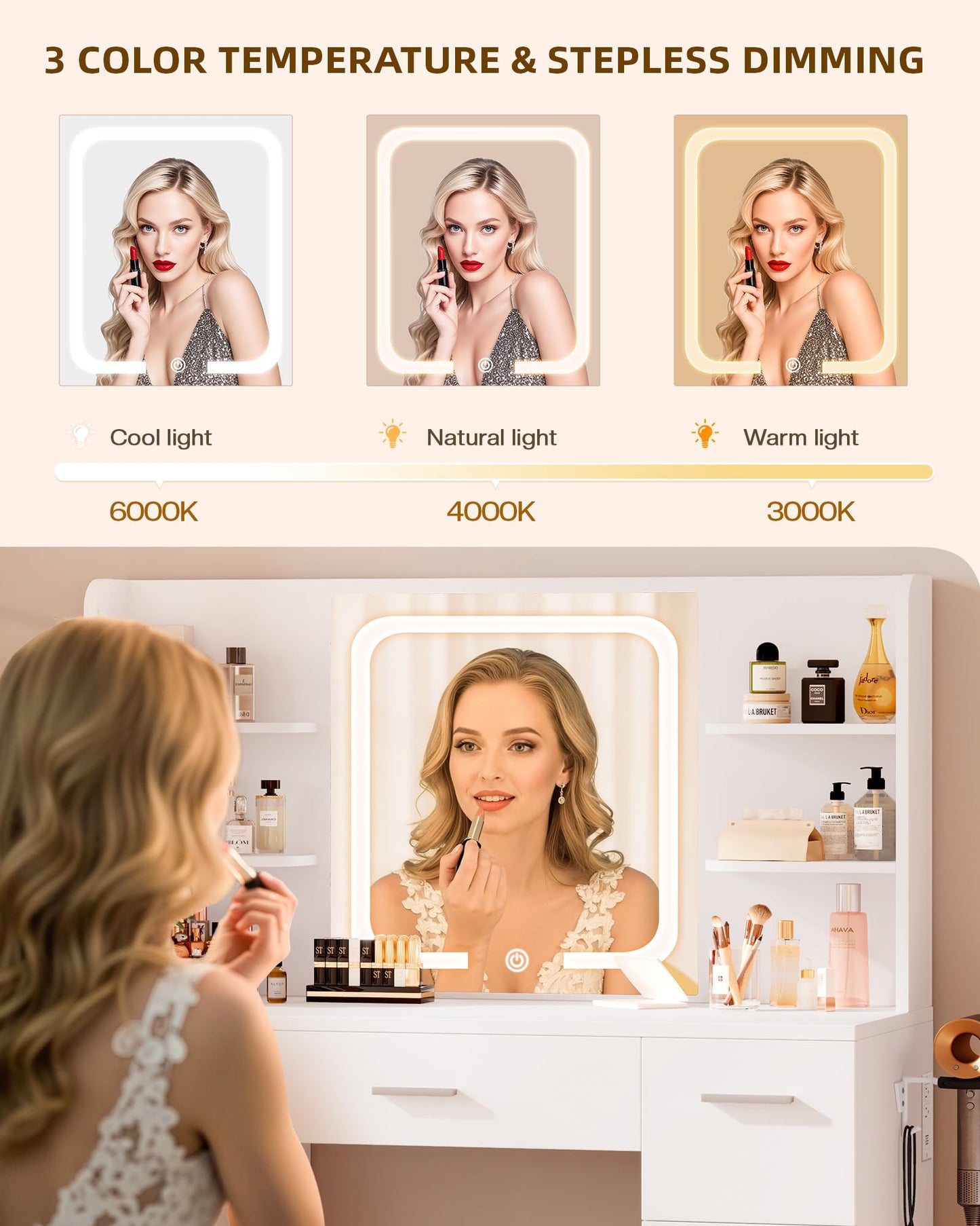 LIVELYGLOW White Large Makeup Vanity Desk with Smart LED Mirror & Power Station, 43" Professional Dressing Table with 7 Drawers, 4 Open Shelves & Hairdryer Holder for Bedroom